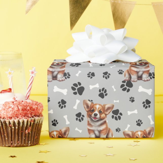 Cute Corgi Puppy Paw Prints All Occasion Wrapping Paper (Birthday Party)