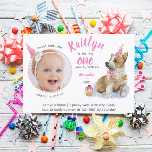 Cute Corgi 🐶 Puppy Pink Photo First Birthday Invitation