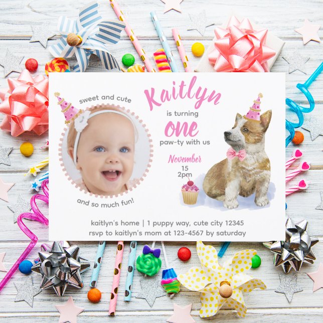 Cute Corgi 🐶 Puppy Pink Photo First Birthday Invitation (Cute Corgi 🐶 Puppy Pink Photo First Birthday Invitation)