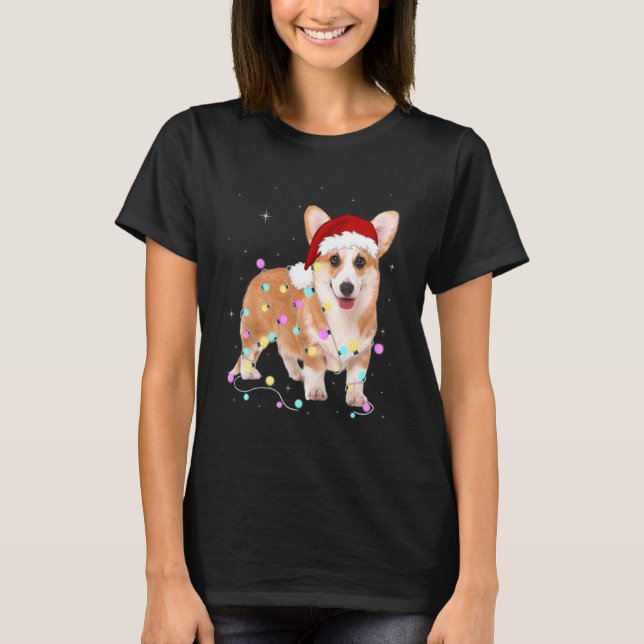 Cute Corgi Santa Hat Christmas Light Xmas T-Shirt (Front)