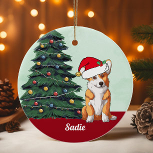 Cute Corgi Santa Hat Monogrammed Christmas Tree Ceramic Tree Decoration