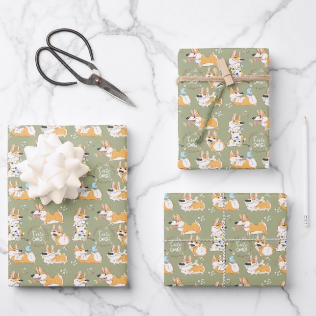 Cute Corgi Seamless Wrapping Paper Sheets (Front)