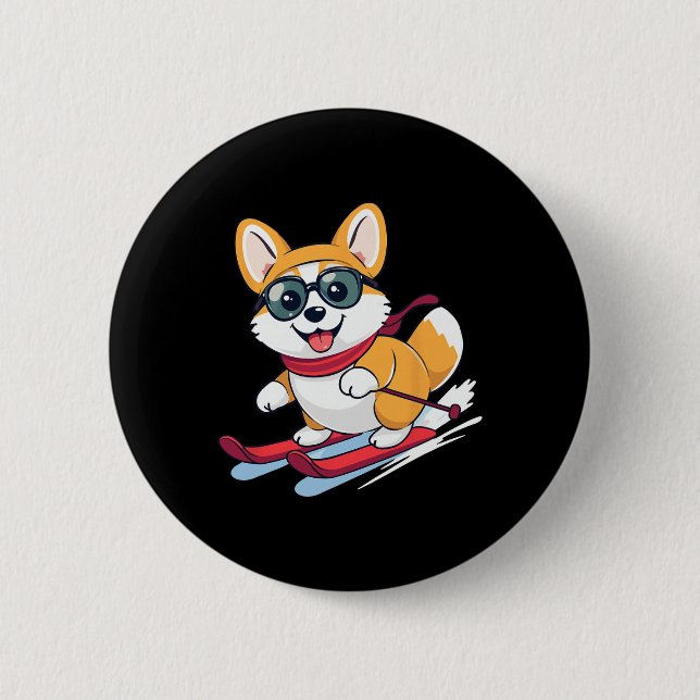 Cute Corgi Skiing  6 Cm Round Badge (Front)
