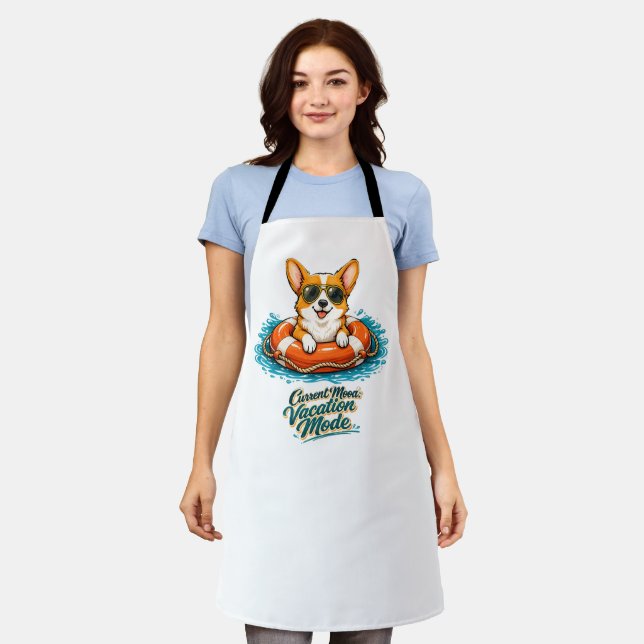 Cute Corgi "Vacation Mode" Summer Design Apron (Worn)