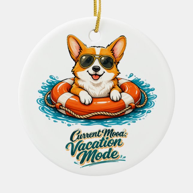 Cute Corgi "Vacation Mode" Summer Design Ceramic Tree Decoration (Front)
