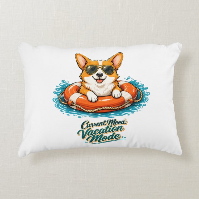 Cute Corgi "Vacation Mode" Summer Design Decorative Cushion (Front)