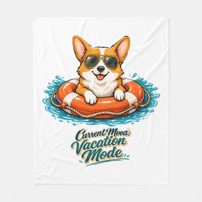 Cute Corgi "Vacation Mode" Summer Design Fleece Blanket (Front)