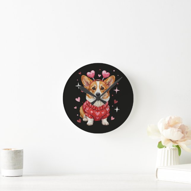 Cute Corgi Valentine Heart Valentines Day Round Clock (Home)