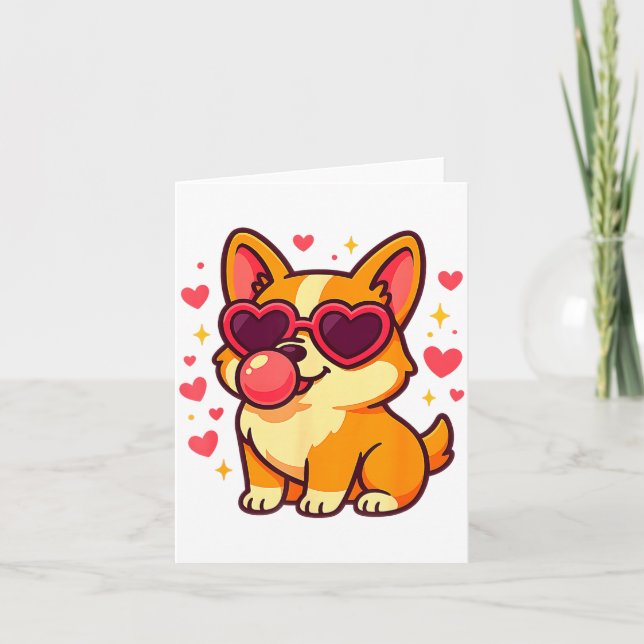 Cute Corgi Valentine Puppy With Heart Sungles  Card (Front)