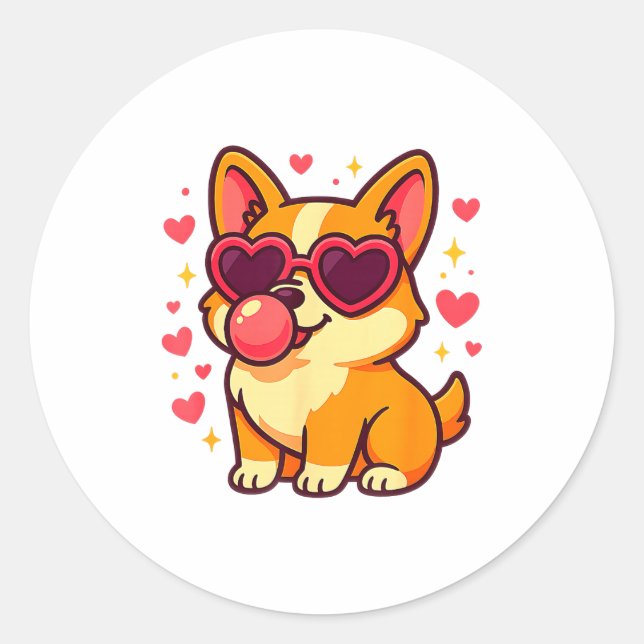 Cute Corgi Valentine Puppy With Heart Sungles  Classic Round Sticker (Front)