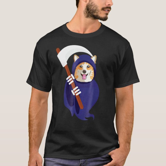 Cute Corgi Welsh Grim Reaper Halloween Tee (Front)