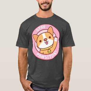 Cute Corgi With Heart Paw Print Stay Pawsitive Fun T-Shirt