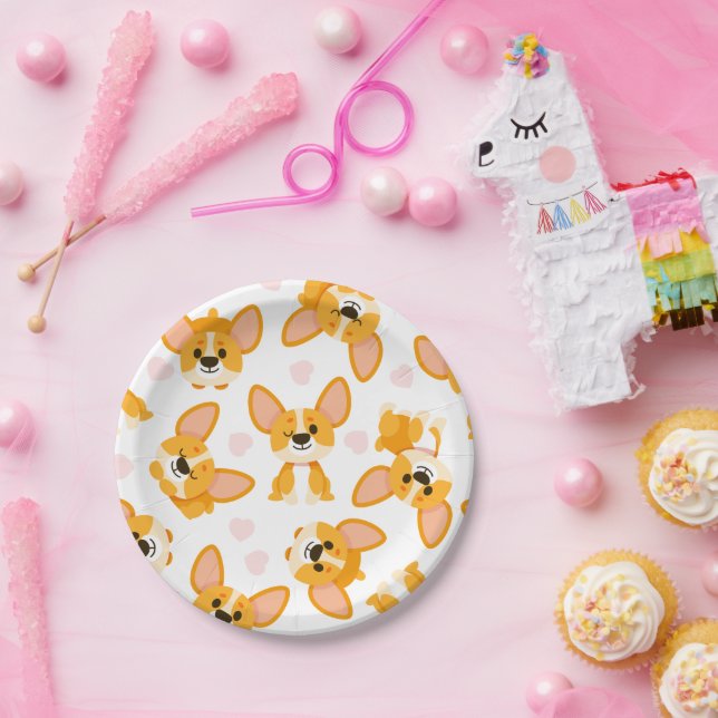 Cute Corgi with Hearts Birthday Paper Plate (Party)
