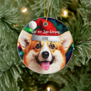 Cute Corgi with Santa Hat Christmas Ceramic Tree Decoration