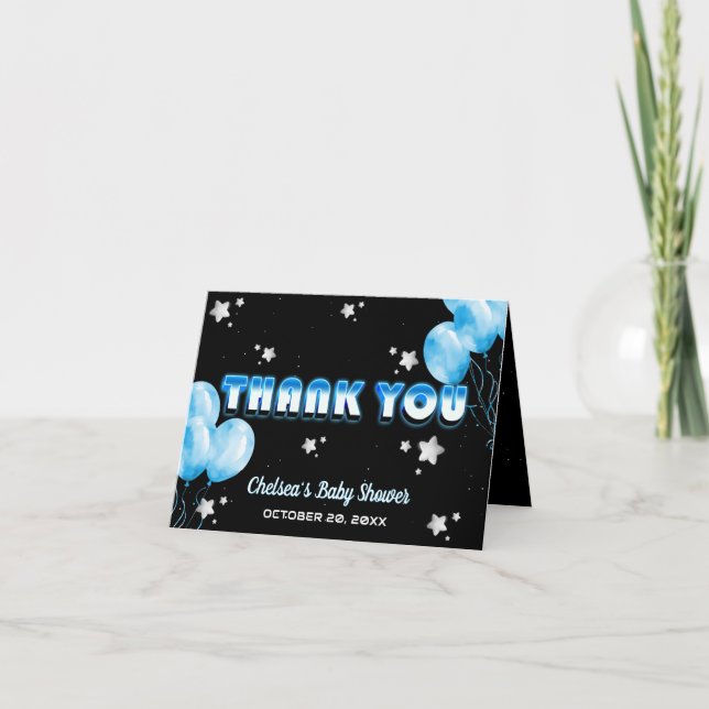 Cute Cosmic Night Blue Balloons Starry Baby Shower Thank You Card (Front)