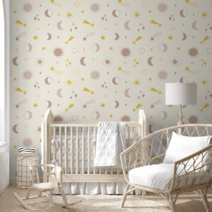 Cute Cosmic Space Sun Moon and Stars on cream Wallpaper