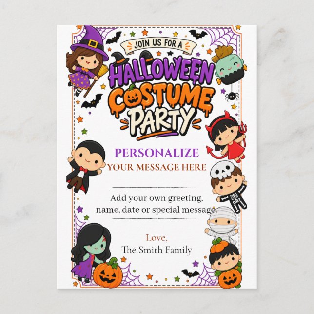 Cute Costume Halloween Party Invitation Postcard (Front)