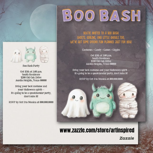 Cute Costume Halloween Party Postcard (Cute kids Halloween party postcard with fun Boo Bash typography, ghost, mummy & monster.)