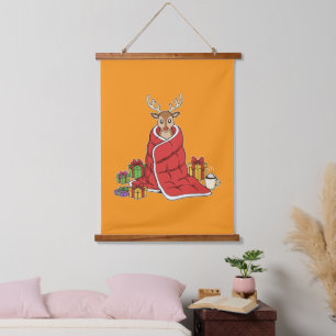 Cute Cosy Christmas Reindeer in Blanket Funny Hanging Tapestry