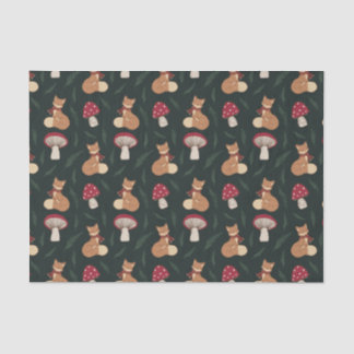 Cute Cosy Fox with Mushrooms, Green. Tissue Paper. Paper