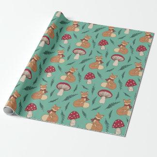 Cute Cosy Fox with Mushrooms. Turquoise. Wrapping Paper