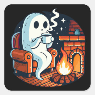 Cute Cosy Ghost Fireplace Hot Drink Autumn Graphic Square Sticker