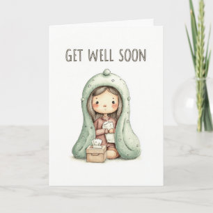 Cute Cosy Girl Under Blanket Get Well Soon Card
