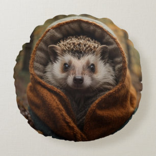 Cute Cosy Hedgehog Autumn Season Round Cushion