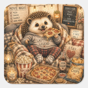 Cute Cosy Movie Night Hedgehog Watercolor Art Square Sticker