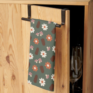 Cute cosy pattern with flowers mushroom & pinecone tea towel