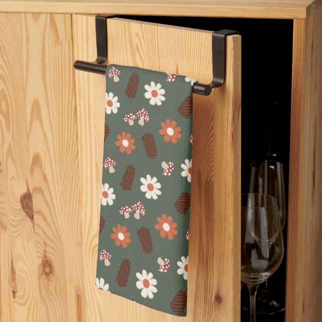 Cute cosy pattern with flowers mushroom & pinecone tea towel (Thirds Fold)