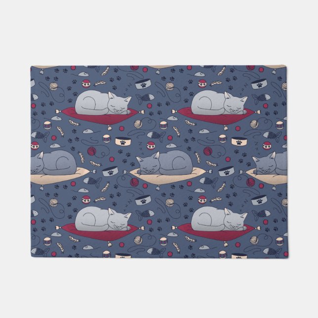 Cute & Cosy Sleepy Cat Dreams Pattern  Doormat (Front)