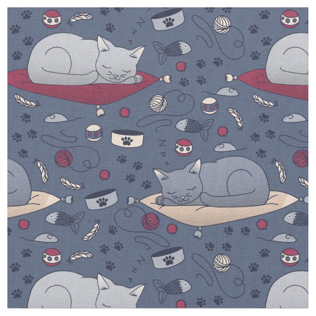 Cute & Cosy Sleepy Cat Dreams Pattern  Fabric (Close Up)