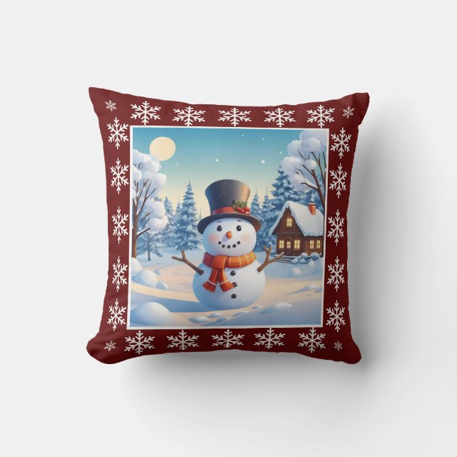 Cute Cosy Vintage Winter Snowman Merry Christmas Cushion (Front)