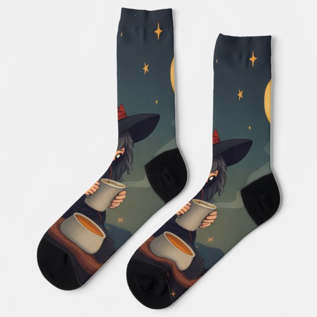 Cute Cosy Witch Coffee Socks – Halloween Magic (Left)