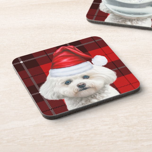Cute Coton de Tulear Dog Red Holiday Plaid Coaster (Left Side)
