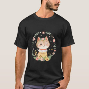 Cute Cottagecore Cat Surrounded by Floral Wreath T-Shirt