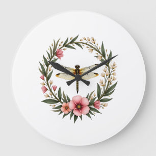 Cute Cottagecore Floral Dragonfly Aesthetic Girls Large Clock