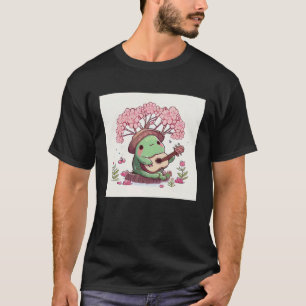 Cute Cottagecore Frog playing banjo cherry blossom T-Shirt