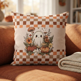 Cute Cottagecore Ghost Fall Halloween Chequerboard Cushion