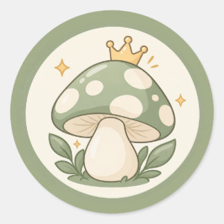 Cute Cottagecore Green Mushroom King Illustration Classic Round Sticker