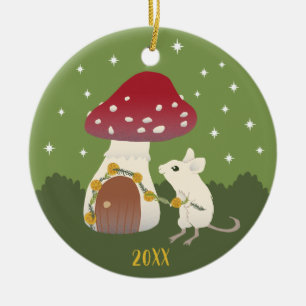 Cute Cottagecore Mouse Red Mushroom House Green Ceramic Tree Decoration