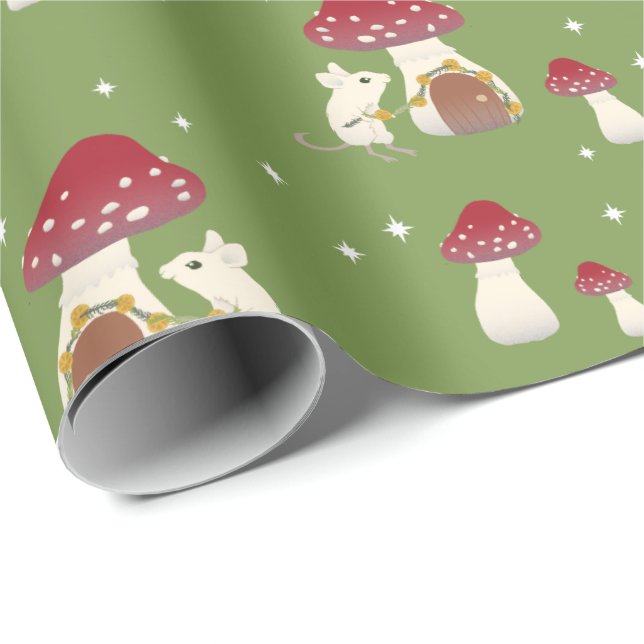 Cute Cottagecore Mouse Red Mushroom House Green Wrapping Paper (Roll Corner)