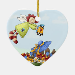 Cute Country Angel Watering Flowers Ceramic Tree Decoration