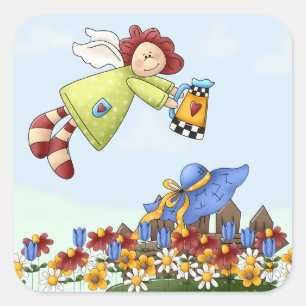 Cute Country Angel Watering Flowers Square Sticker