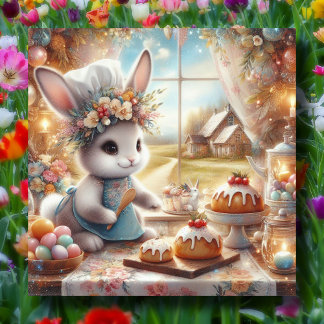 Cute Country Baker Bunny Pastel Easter Holiday Card