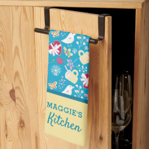 Cute Country Blue Retro Teacup Heart Bird Pattern  Tea Towel