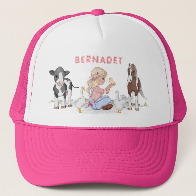 Cute Country Girl and Farm Animals Trucker Hat (Front)
