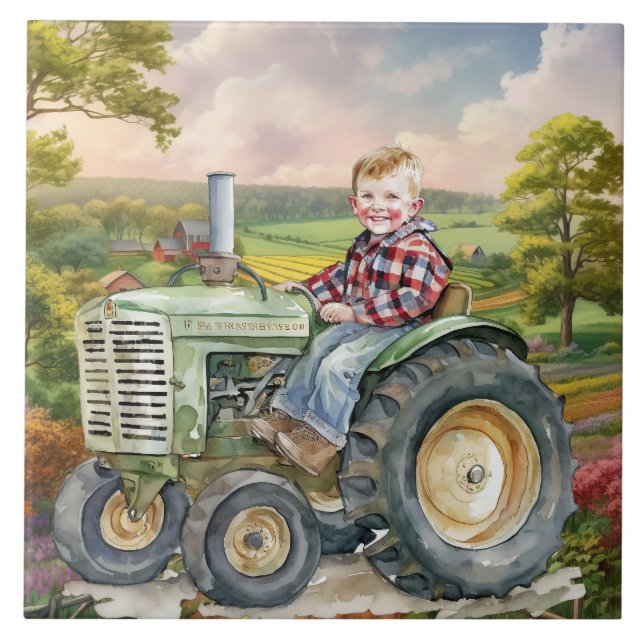 cute Country kid tractor Tile (Front)