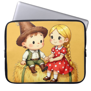 Cute Country Kids on Hay Bale – Rustic Cartoon Art Laptop Sleeve